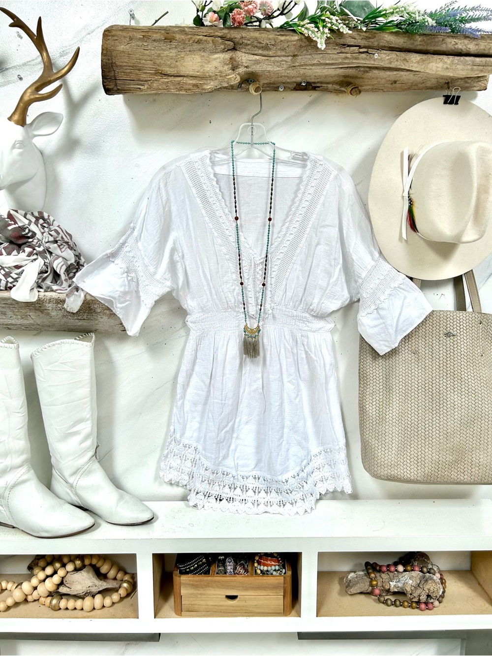 Boho Lace-Trim White Women's Dress
